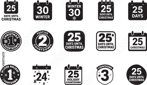  Festive Christmas countdown number calendar badge set in bold silhouette style for seasonal design.