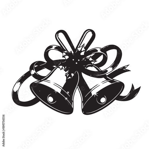Two ornamental bells with ribbons forming a decorative, festive graphic illustration.