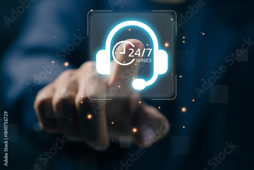 A glowing 24-7 support headset icon being selected by a user, symbolizing customer service, helpline availability, call center solutions, nonstop assistance, and digital communication technology.