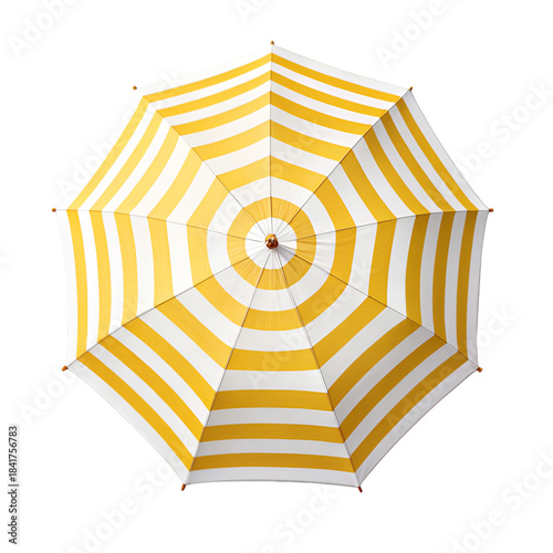 Top view of a striped white-yellow beach umbrella isolated on white background