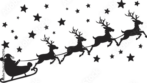 Silhouette of Santa Claus riding a sleigh pulled by reindeer flying across a starry night sky