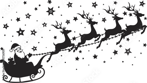 Silhouette of Santa Claus riding a sleigh pulled by reindeer across a starry winter night sky