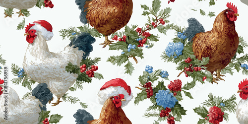 Classic Christmas repeating pattern with detailed illustrations of farm chickens and roosters wearing Santa hats among holly berries for design, holiday fabrics, and rural decor