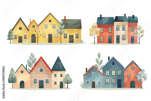 Cute childish buildings and trees. Set of watercolor scandinavian houses. Cozy village mood. Nordic homes