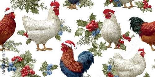Classic Christmas repeating pattern with detailed illustrations of farm chickens and roosters wearing Santa hats among holly berries for design, holiday fabrics, and rural decor