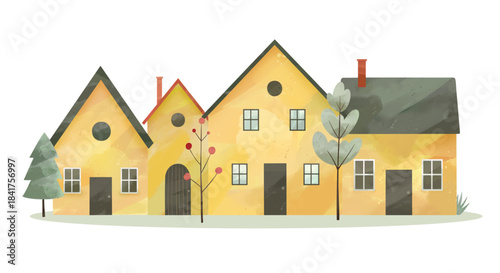 Cute yellow homes. Set of watercolor houses. Cute childish buildings and trees. Cozy village illustration.