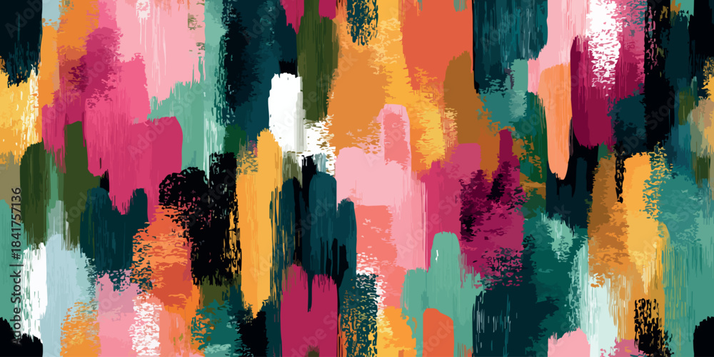 Fototapeta premium Vivid abstract vector pattern of vertical textured brushstrokes in pink, teal, gold, and burgundy for design, high-impact fashion, and contemporary home decor