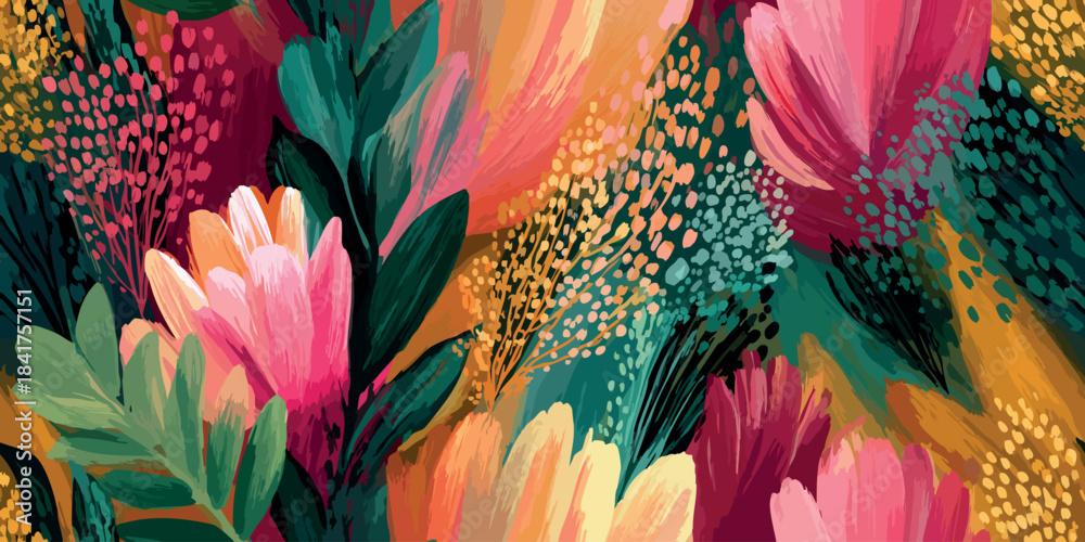 Fototapeta premium Maximalist abstract floral vector pattern with vivid brushstrokes in pink, yellow, teal, and burgundy for design, expressive apparel, and dynamic home decor