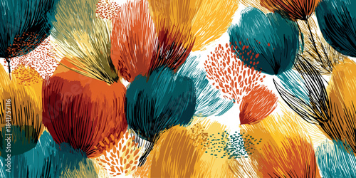 Expressive abstract vector pattern featuring vivid brushstrokes and textured colorful spheres in teal, yellow, red, and pink for design, art-focused fabrics, and modern stationery