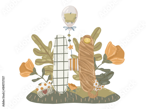 Letter composition, hand drawn vector illustration with abstract alphabet symbol, flowers and children's accessories for personalized decor and nursery design.