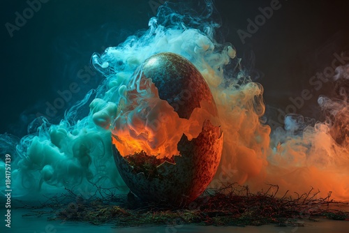 A captivating digital art image showcases a cracked dragon egg, surrounded by vibrant smoke and mystical atmosphere.