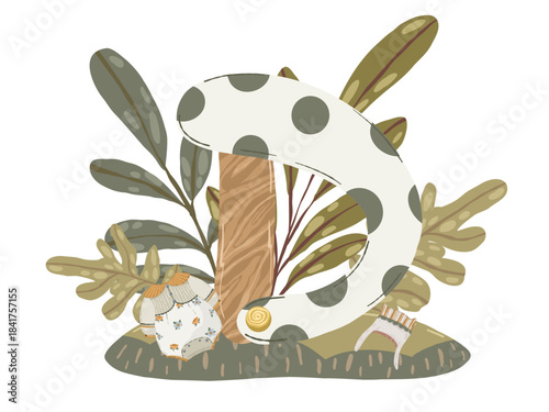 Letter composition, hand drawn vector illustration with abstract alphabet symbol, flowers and children's accessories for personalized decor and nursery design.