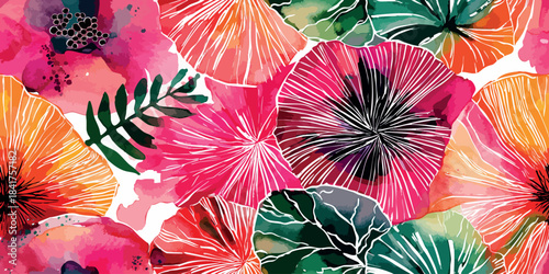 Stunning abstract watercolor pattern of stylized fan-shaped flowers in fuchsia, orange, and deep green for design, artistic fabrics, and unique home decor