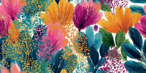 Abstract floral vector pattern with vibrant layered pink, fuchsia, teal, and orange brushstrokes and tiny berry details for design, statement fabrics, and joyful branding