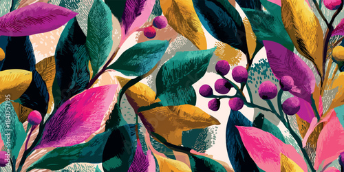 Vibrant abstract vector pattern with lush pink, fuchsia, yellow, and deep teal leaves and berries for design, bold fashion textiles, and dynamic packaging