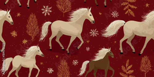 Festive vector repeating pattern of white horses running among golden fir branches and snowflakes on a deep burgundy background for design, Christmas fabrics, and holiday packaging