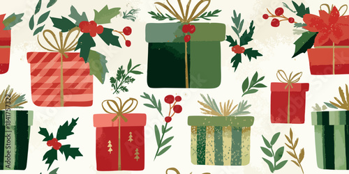 Watercolor repeating pattern of festive Christmas gift boxes and holly in red, green, and gold for design, holiday wrapping paper, and cheerful winter fabrics