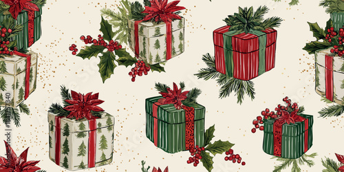 Watercolor repeating pattern of festive Christmas gift boxes and holly in red, green, and gold for design, holiday wrapping paper, and cheerful winter fabrics