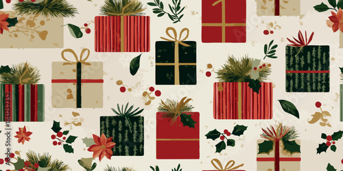 Watercolor repeating pattern of festive Christmas gift boxes and holly in red, green, and gold for design, holiday wrapping paper, and cheerful winter fabrics