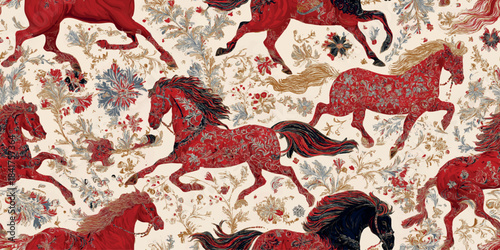 Intricate vector pattern with decorated red horses among classic flowers and leaves in gold, blue, and white for design, upscale fabrics, and royal packaging