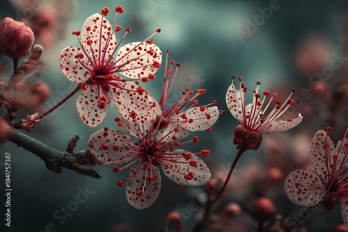 Captivating close-up of cherry blossoms with red spots, revealing the delicate beauty of springtime, creating a dreamy, artistic mood.
