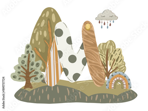 Letter composition, hand drawn vector illustration with abstract alphabet symbol, flowers and children's accessories for personalized decor and nursery design.