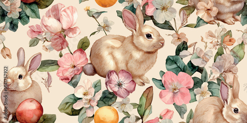Soft, feminine spring pattern showcasing adorable light brown bunnies and delicate pink cherry blossoms with Easter eggs for baby apparel, textiles, and holiday branding