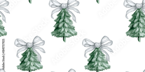 Minimalist Christmas watercolor pattern featuring alternating green pine trees adorned with crisp white bows on a clean background for simple, elegant wrapping paper and fabrics