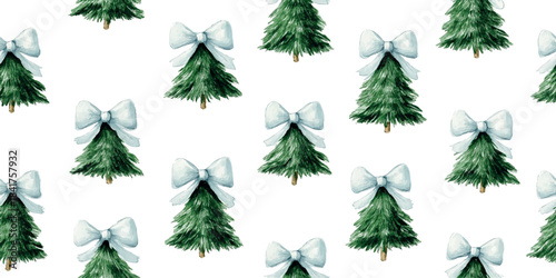 Minimalist Christmas watercolor pattern featuring alternating green pine trees adorned with crisp white bows on a clean background for simple, elegant wrapping paper and fabrics