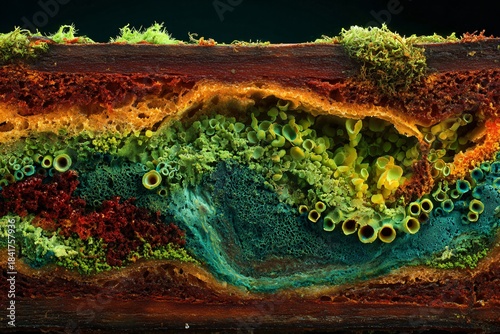 A vibrant and detailed cross-section of soil, revealing the intricate layers and diverse life within the earth.