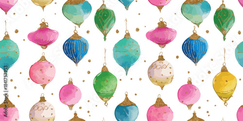 Charming vector pattern of hand-drawn vintage Christmas ornaments in pastel pink, yellow, blue, and green with gold glitter for design, delicate wrapping paper, and holiday decor