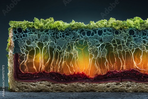 A vibrant, macro cross-section reveals the intricate and layered cellular structure of a plant-like organic matter.