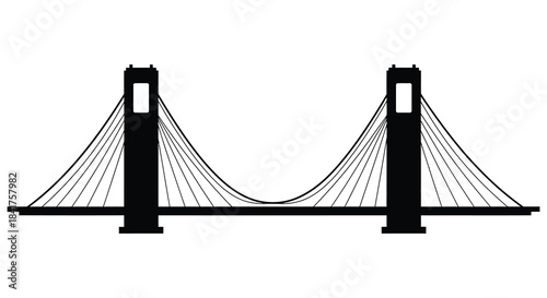 A striking black and white illustration of a suspension bridge with a bold design silhouette