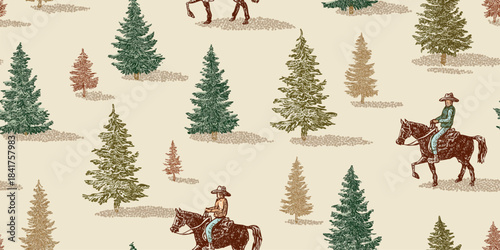 Vintage vector pattern of cowboys riding horses among tall pine trees in muted green and brown on a beige background for design, western textiles, and antique-style branding