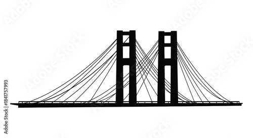 A striking depiction of a suspension bridge with towering structures rendered as a bold silhouette
