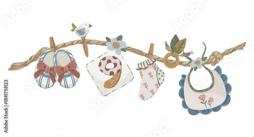 Baby accessories toys and clothes on rope garland, hand drawn vector illustration of newborn baby accessories hanging on string for baby birth cards and announcements.