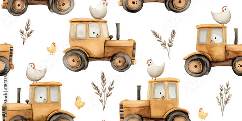 Adorable vector watercolor pattern of cartoon farm animals (cow, chicken) and a bear driving an orange tractor, perfect for design, children's room decor, and baby products.