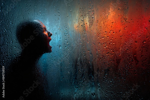 A dark silhouette of a screaming head obscured by a wet glass pane conveys intense emotion.