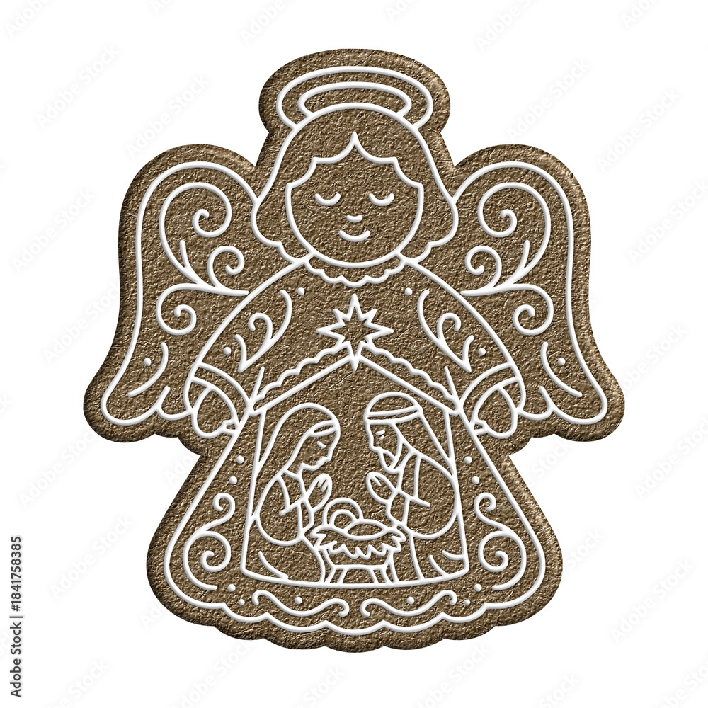 Fototapeta premium Gingerbread angel cookie decorated with white icing, depicting the nativity scene with mary, joseph, and baby jesus in a manger under a star, on a transparent background