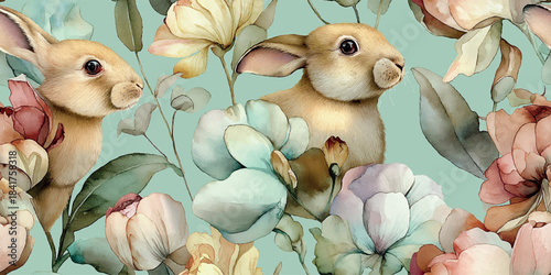 Gentle spring watercolor pattern featuring adorable baby bunnies and large blooming soft pastel flowers on a subtle mint green background for fabrics, packaging, and home decor
