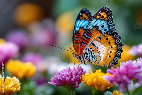 Colorful butterfly perched on vibrant flowers in a sunny garden during springtime