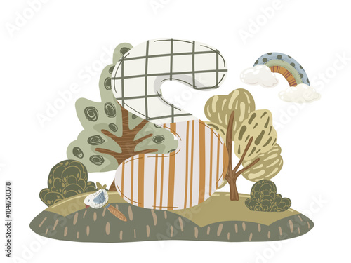 Letter composition, hand drawn vector illustration with abstract alphabet symbol, flowers and children's accessories for personalised decor and nursery design.