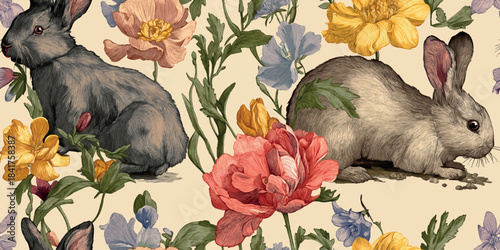 Luxury vintage botanical pattern featuring detailed bunnies surrounded by bright yellow, peach, and coral spring flowers for high-end textiles, fabrics, and sophisticated stationery