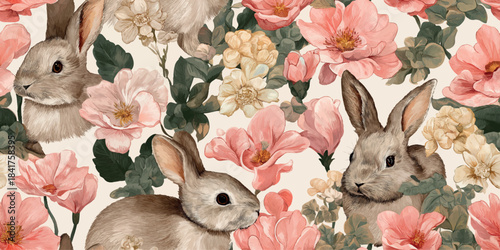 Romantic floral watercolor pattern with adorable bunnies and lush pink and peach flowers on a light background, perfect for feminine fabrics, nursery decor, and wedding stationery