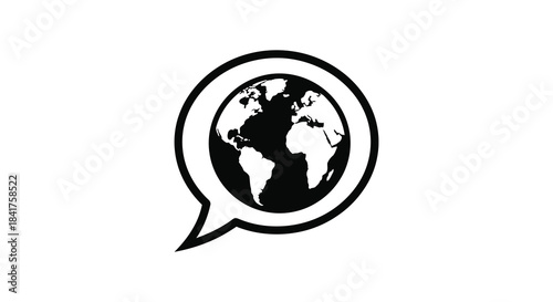 A world globe contained within a speech bubble design representing global communication and dialogue silhouette