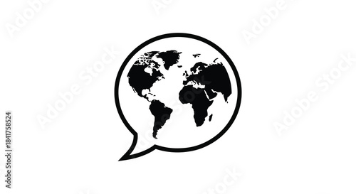 A striking black and white image of a world globe within a speech bubble silhouette