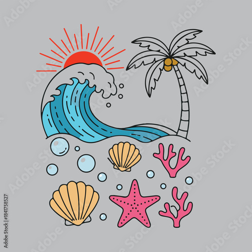 A tropical scene featuring a wave palm tree and ocean life illustration