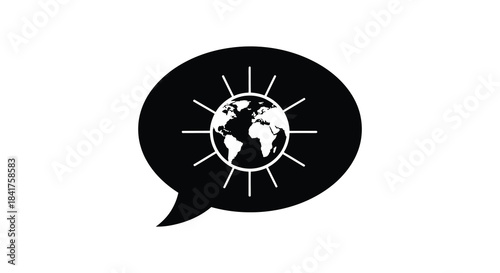 A striking image of a world globe emitting rays within a speech bubble a bold silhouette