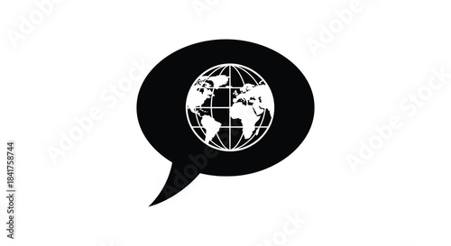 A striking black speech bubble contains a detailed globe creating a powerful visual message silhouette