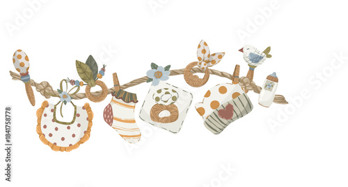 Baby accessories toys and clothes on rope garland, hand drawn vector illustration of newborn baby accessories hanging on string for baby birth cards and announcements.